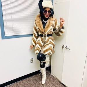 Unique brown & cream white Mink & leather Coat S-M